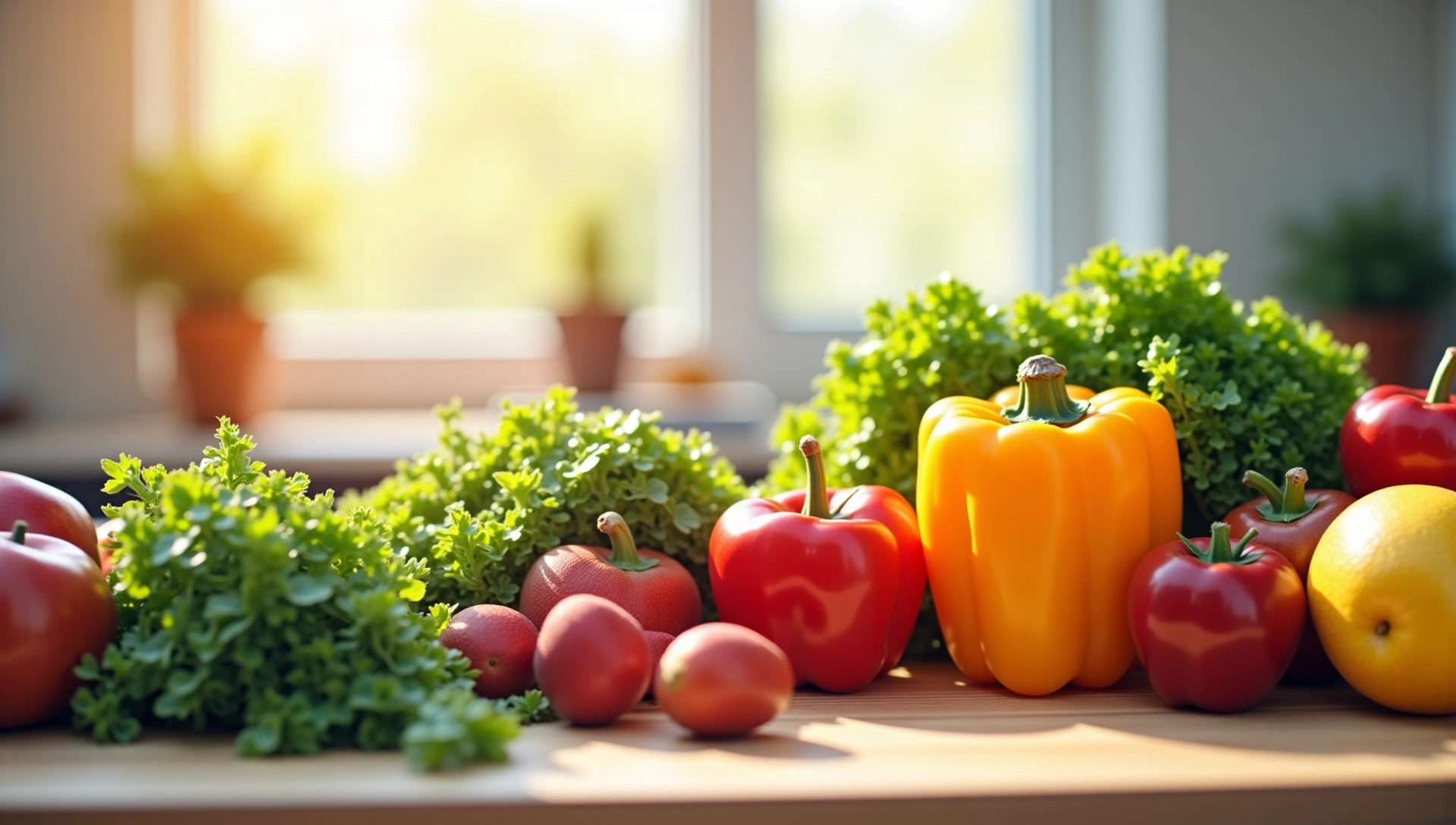 Čerstvé ovoce a zelenina na kuchyňské lince s ranním sluncem